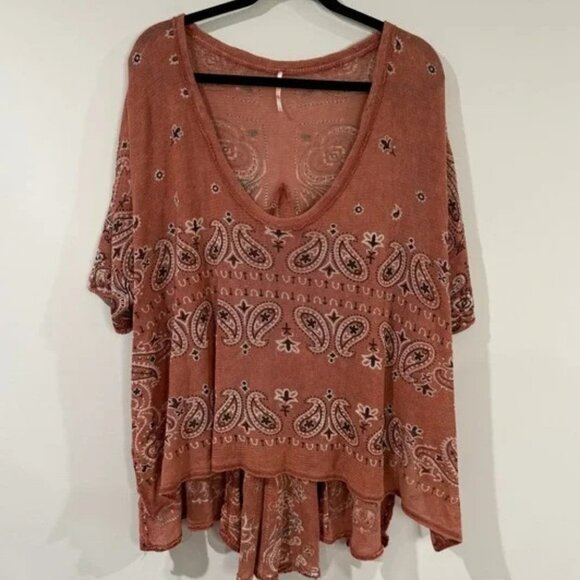 FREE PEOPLE No Matter What Paisley Print Knit Tunic Top Rust Bohemian Women's XL - Picture 2 of 8